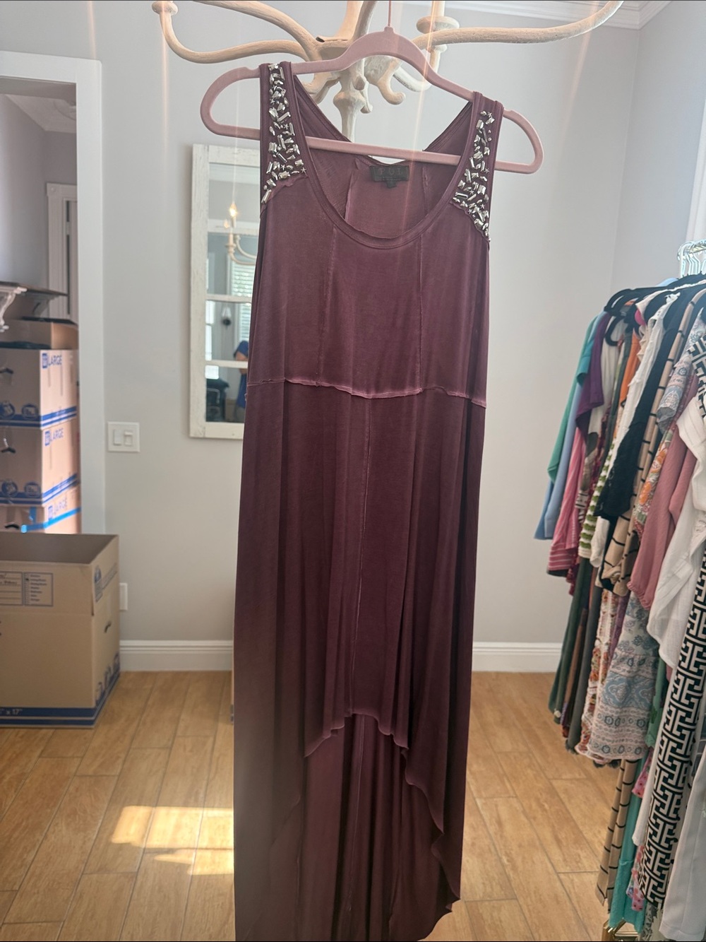 POL - Sleeveless Beaded Shoulder Maxi Dress in Plum